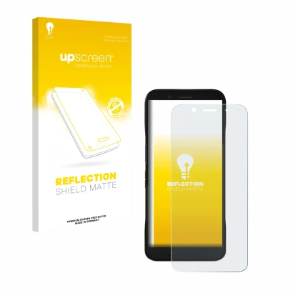 Parte frontal de un envase de producto con el logotipo de la marca upscreen. Al lado se muestra el dispositivo Datalogic Memor