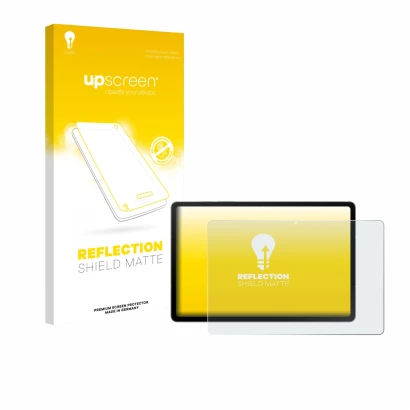 Parte frontal de un envase de producto con el logotipo de la marca upscreen. Al lado se muestra el dispositivo Samsung Galaxy 