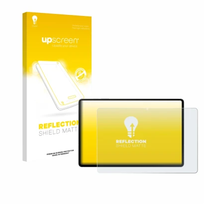 Parte frontal de un envase de producto con el logotipo de la marca upscreen. Al lado se muestra el dispositivo Samsung Galaxy