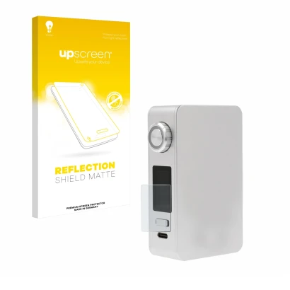 Parte frontal de un envase de producto con el logotipo de la marca upscreen. Al lado se muestra el dispositivo Lost Vape Centa