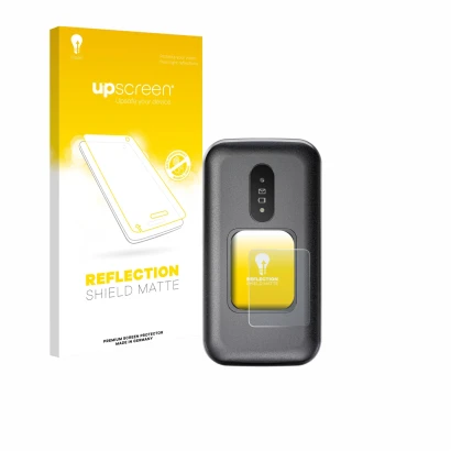 Parte frontal de un envase de producto con el logotipo de la marca upscreen. Al lado se muestra el dispositivo Doro 2880 (Pant