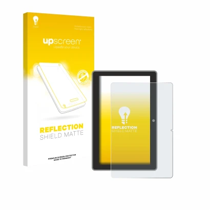 Parte frontal de un envase de producto con el logotipo de la marca upscreen. Al lado se muestra el dispositivo Lenovo Tab TB31