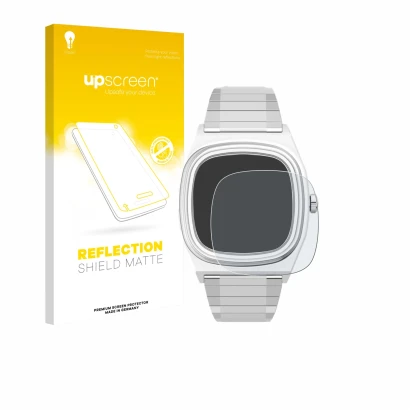 Parte frontal de un envase de producto con el logotipo de la marca upscreen. Al lado se muestra el dispositivo Timex Reissue 1
