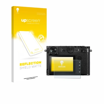 Parte frontal de un envase de producto con el logotipo de la marca upscreen. Al lado se muestra el dispositivo Fujifilm GFX 10