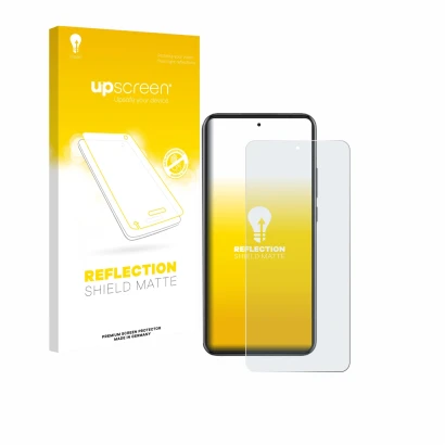 Parte frontal de un envase de producto con el logotipo de la marca upscreen. Al lado se muestra el dispositivo Oppo Reno 13 Pr