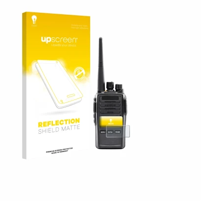 Parte frontal de un envase de producto con el logotipo de la marca upscreen. Al lado se muestra el dispositivo Midland G18 Pro