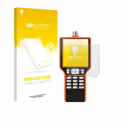 Parte frontal de un envase de producto con el logotipo de la marca upscreen. Al lado se muestra el dispositivo RigExpert MATCH