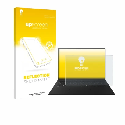 Parte frontal de un envase de producto con el logotipo de la marca upscreen. Al lado se muestra el dispositivo LG gram 17" 202