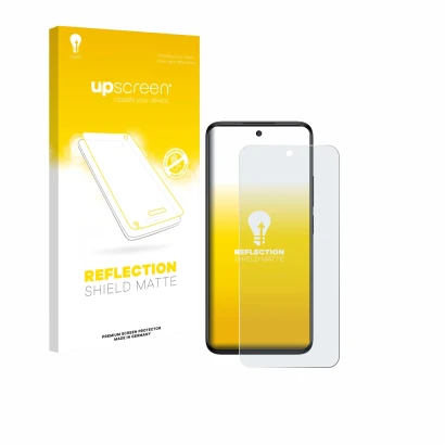 Parte frontal de un envase de producto con el logotipo de la marca upscreen. Al lado se muestra el dispositivo TCL 60R 5G con