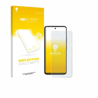 Parte frontal de un envase de producto con el logotipo de la marca upscreen. Al lado se muestra el dispositivo TCL SE NxtPaper