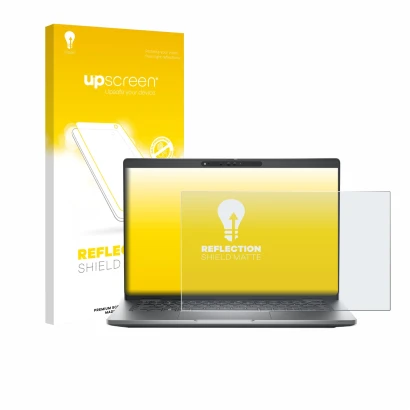 Parte frontal de un envase de producto con el logotipo de la marca upscreen. Al lado se muestra el dispositivo Dell Latitude 5