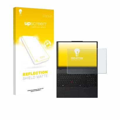 Parte frontal de un envase de producto con el logotipo de la marca upscreen. Al lado se muestra el dispositivo Lenovo ThinkPad