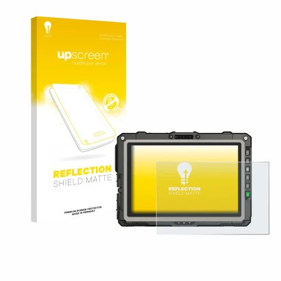 Parte frontal de un envase de producto con el logotipo de la marca upscreen. Al lado se muestra el dispositivo Getac UX10 G3 c