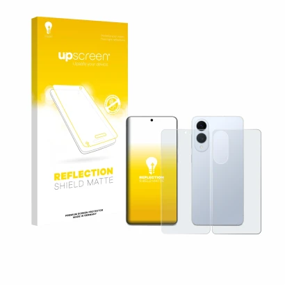 Parte frontal de un envase de producto con el logotipo de la marca upscreen. Al lado se muestra el dispositivo Samsung Galaxy