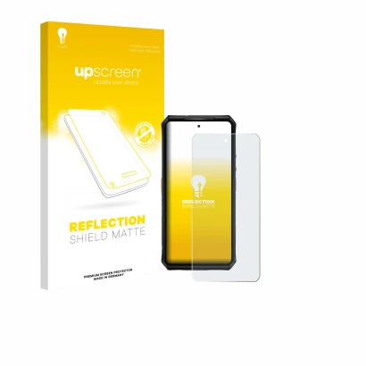 Parte frontal de un envase de producto con el logotipo de la marca upscreen. Al lado se muestra el dispositivo Ulefone Armor 2