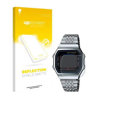 Parte frontal de un envase de producto con el logotipo de la marca upscreen. Al lado se muestra el dispositivo Casio iconic AB