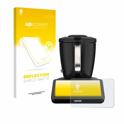 Parte frontal de un envase de producto con el logotipo de la marca upscreen. Al lado se muestra el dispositivo Vorwerk Bimby T