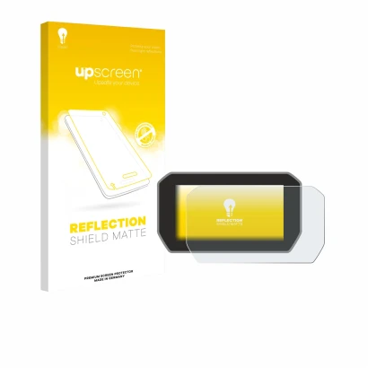 Parte frontal de un envase de producto con el logotipo de la marca upscreen. Al lado se muestra el dispositivo Ducati V4 Rally