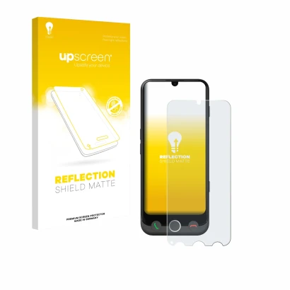 Parte frontal de un envase de producto con el logotipo de la marca upscreen. Al lado se muestra el dispositivo Doro Aurora A30