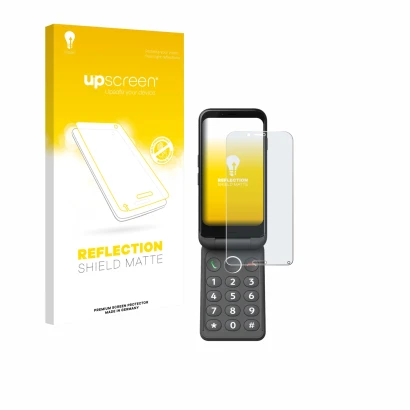 Parte frontal de un envase de producto con el logotipo de la marca upscreen. Al lado se muestra el dispositivo Doro Aurora A20
