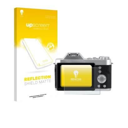 Parte frontal de un envase de producto con el logotipo de la marca upscreen. Al lado se muestra el dispositivo Rollei Powerfle