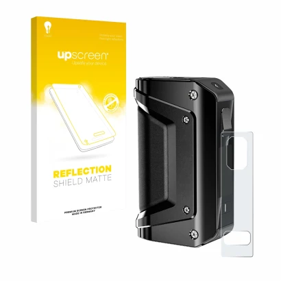 Parte frontal de un envase de producto con el logotipo de la marca upscreen. Al lado se muestra el dispositivo GeekVape Aegis 