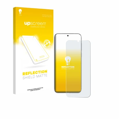 Parte frontal de un envase de producto con el logotipo de la marca upscreen. Al lado se muestra el dispositivo Huawei Pura 80