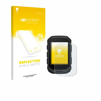 Parte frontal de un envase de producto con el logotipo de la marca upscreen. Al lado se muestra el dispositivo Garmin Edge MTB