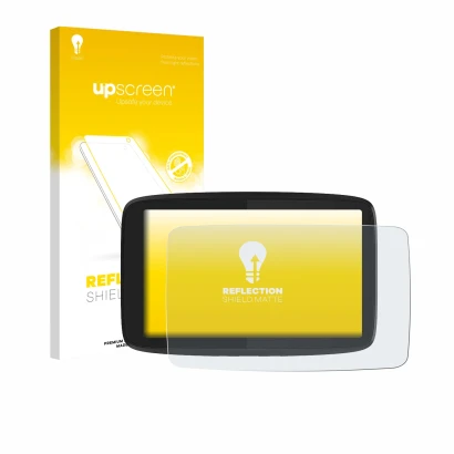 Parte frontal de un envase de producto con el logotipo de la marca upscreen. Al lado se muestra el dispositivo TomTom GO Campe