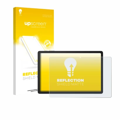 Parte frontal de un envase de producto con el logotipo de la marca upscreen. Al lado se muestra el dispositivo Doogee Tab G6 P