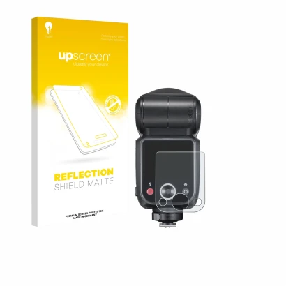 Parte frontal de un envase de producto con el logotipo de la marca upscreen. Al lado se muestra el dispositivo Godox V100 con