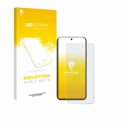 Parte frontal de un envase de producto con el logotipo de la marca upscreen. Al lado se muestra el dispositivo Vivo X200 FE co