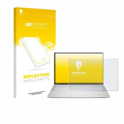 Parte frontal de un envase de producto con el logotipo de la marca upscreen. Al lado se muestra el dispositivo Dell 14 Premium