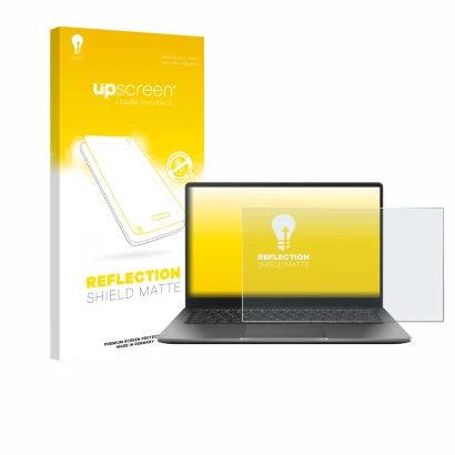 Parte frontal de un envase de producto con el logotipo de la marca upscreen. Al lado se muestra el dispositivo ASUS Chromebook