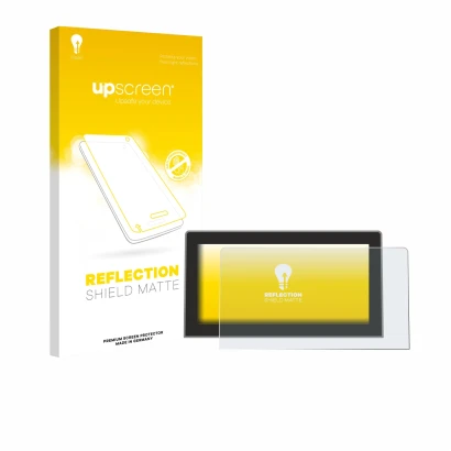 Parte frontal de un envase de producto con el logotipo de la marca upscreen. Al lado se muestra el dispositivo Volkswagen Golf