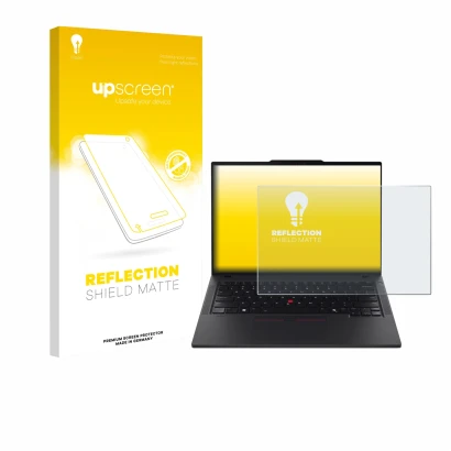 Parte frontal de un envase de producto con el logotipo de la marca upscreen. Al lado se muestra el dispositivo Lenovo ThinkPad