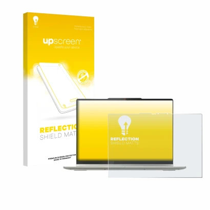 Parte frontal de un envase de producto con el logotipo de la marca upscreen. Al lado se muestra el dispositivo Lenovo Yoga 7 2