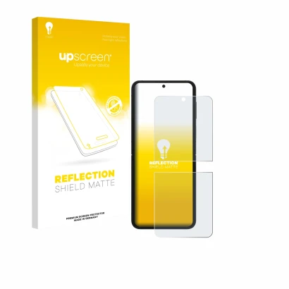 Parte frontal de un envase de producto con el logotipo de la marca upscreen. Al lado se muestra el dispositivo Samsung Galaxy