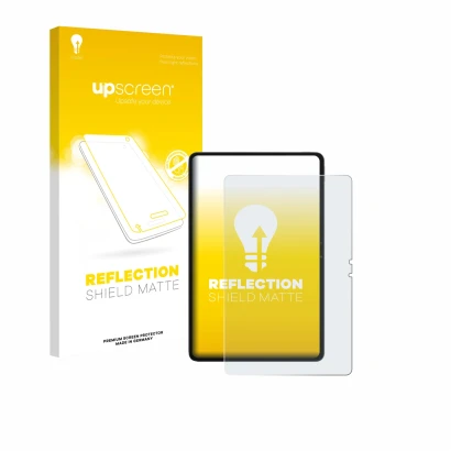 Parte frontal de un envase de producto con el logotipo de la marca upscreen. Al lado se muestra el dispositivo Blackview MEGA 