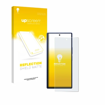 Parte frontal de un envase de producto con el logotipo de la marca upscreen. Al lado se muestra el dispositivo Samsung Galaxy 