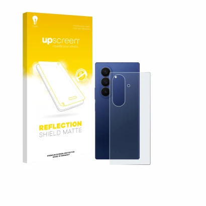 Parte frontal de un envase de producto con el logotipo de la marca upscreen. Al lado se muestra el dispositivo Samsung Galaxy 