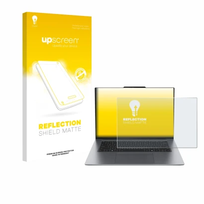 Parte frontal de un envase de producto con el logotipo de la marca upscreen. Al lado se muestra el dispositivo Lenovo ThinkPad