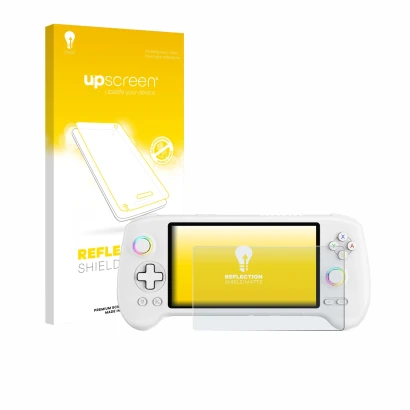 Parte frontal de un envase de producto con el logotipo de la marca upscreen. Al lado se muestra el dispositivo Anbernic RG557