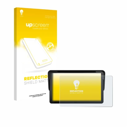 Parte frontal de un envase de producto con el logotipo de la marca upscreen. Al lado se muestra el dispositivo Carpuride V3 7"