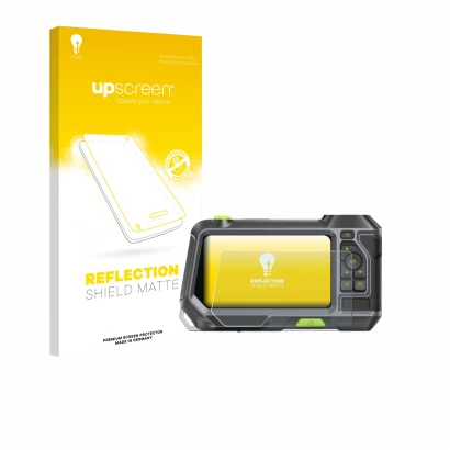 Parte frontal de un envase de producto con el logotipo de la marca upscreen. Al lado se muestra el dispositivo Teslong NTS500