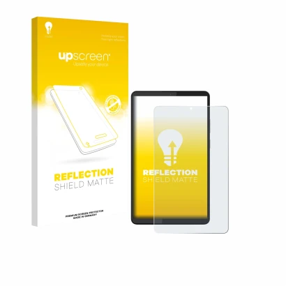 Parte frontal de un envase de producto con el logotipo de la marca upscreen. Al lado se muestra el dispositivo Lenovo Tab One