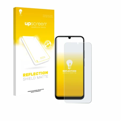 Parte frontal de un envase de producto con el logotipo de la marca upscreen. Al lado se muestra el dispositivo Xiaomi Redmi 15