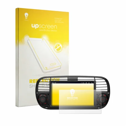 Parte frontal de un envase de producto con el logotipo de la marca upscreen. Al lado se muestra el dispositivo Xtrons IA7250FL