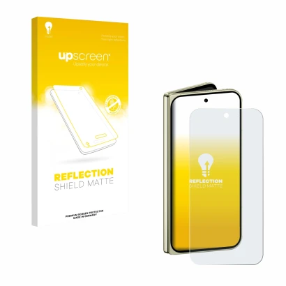 Parte frontal de un envase de producto con el logotipo de la marca upscreen. Al lado se muestra el dispositivo Google Pixel 10