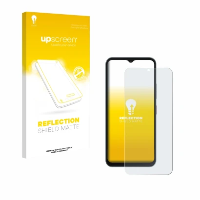 Parte frontal de un envase de producto con el logotipo de la marca upscreen. Al lado se muestra el dispositivo Telekom T Phone